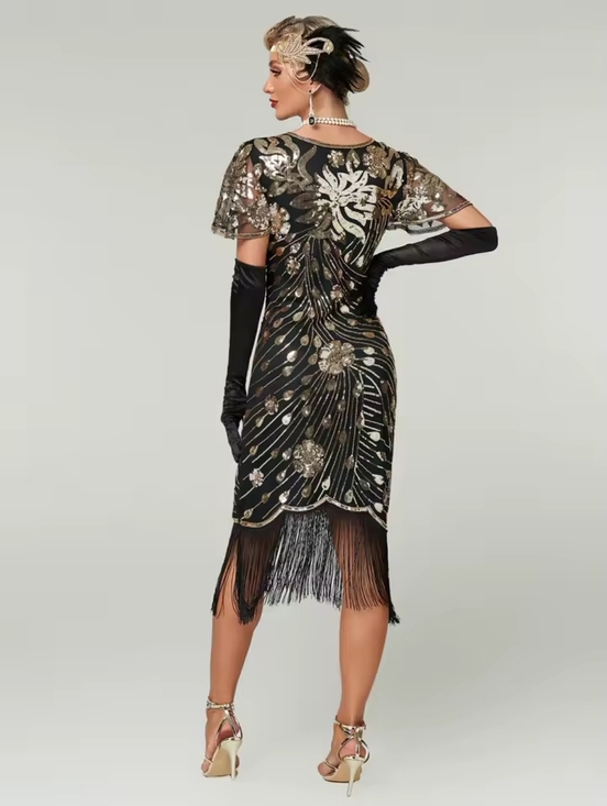 Black & Gold Art Deco Floral Cocktail Fringe V-Neck Beaded Dress New Large - Picture 3 of 16